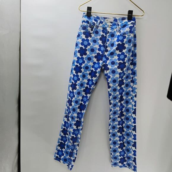 Zara Jeans Size 4 Blue White Flowers High Rise Straight Flat Front Pants Denim - Picture 11 of 13